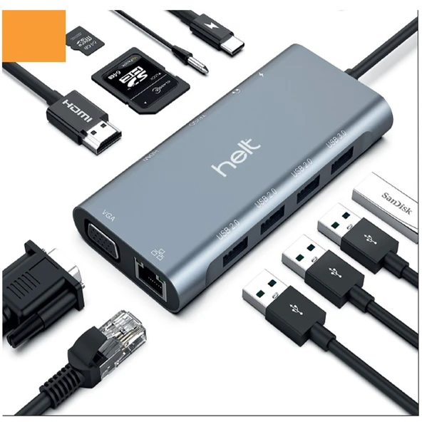 Helt HT-OT01 USB + Hdmı + Vga + Type-C + Jack + Ethernet + Sd Kart To Type-c Dönüştürücü (Gri) - 2