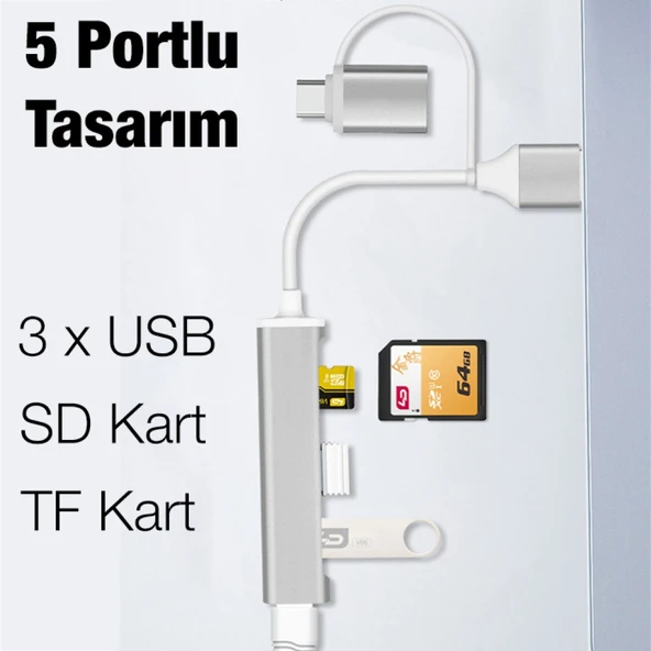 A-807 5in1 Type-C + USB Girişli USB 3.0 Çoğaltıcı Hub Adaptör (Gri) - 2