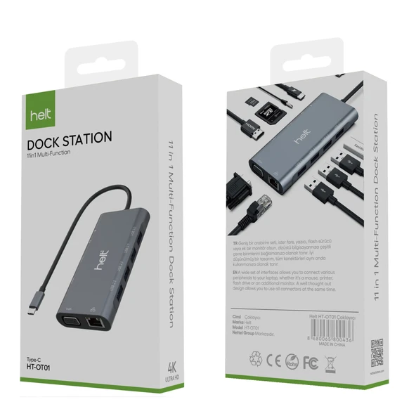 Helt HT-OT01 USB + Hdmı + Vga + Type-C + Jack + Ethernet + Sd Kart To Type-c Dönüştürücü (Gri) - 3