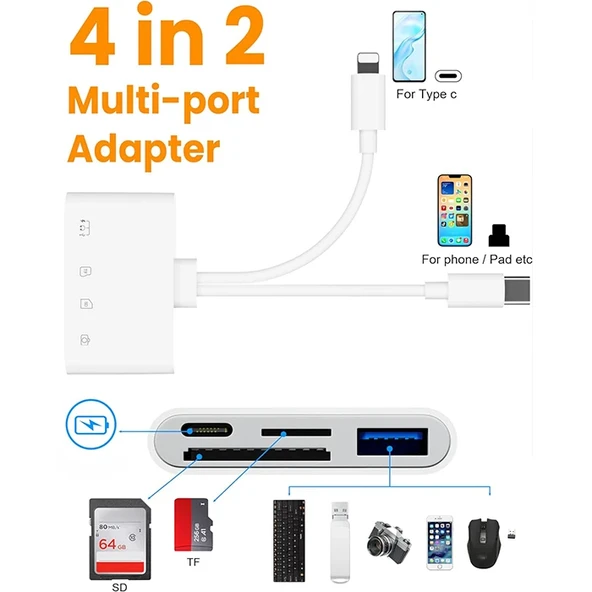 NK-104pro USB-C / 8-pin SD TF kart okuyucu 4-in-2 kamera bellek kart okuyucu SD + TF + USB OTG + USB-C Şarj Adaptörü (Beyaz) - 6