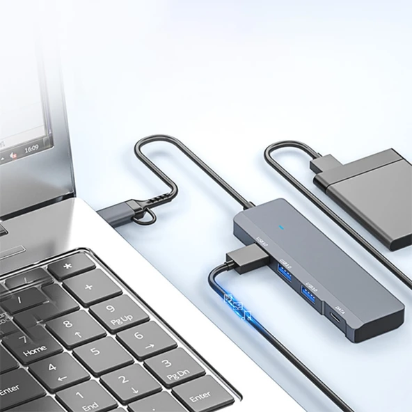 ADS-309D 4 Portlu USB+Type-C USB 3.0 Çoklayıcı Data HUB Adaptör (Füme) - 5