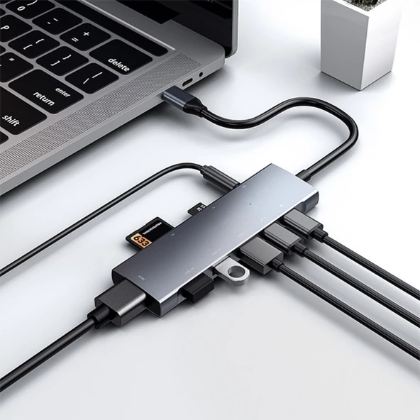 9 İn1 Type C 4k 30hz Hdmi Usb 3.0,Sd,PD Hub Adaptör Dönüştürücü (Gri) - 5