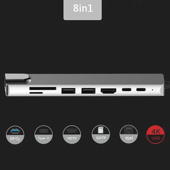 8 Port Usb 8in1 3.0 Type-C Hdmi 3XUSB+2 PD RJ45 Hub Adaptör Çoklayıcı TF SD Kart (Gri) - 4