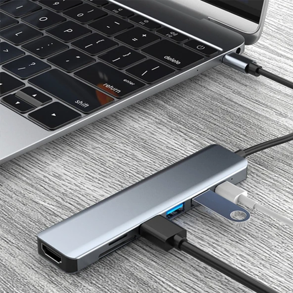 7in1 USB 3.1 HDMI 4K 30HZ 2K 1080P Type-C HUB Adaptör Dönüştürücü (Füme) - 5