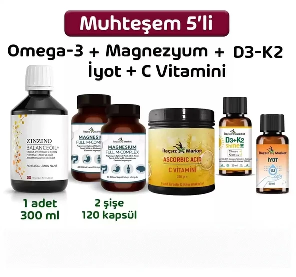 Muhteşem 5'li (Omega 3, Magnezyum, D3+K2, İyot, C Vitamini)