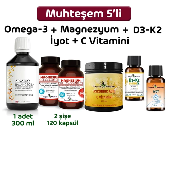 Muhteşem 5'li (Omega 3, Magnezyum, D3+K2, İyot, C Vitamini)