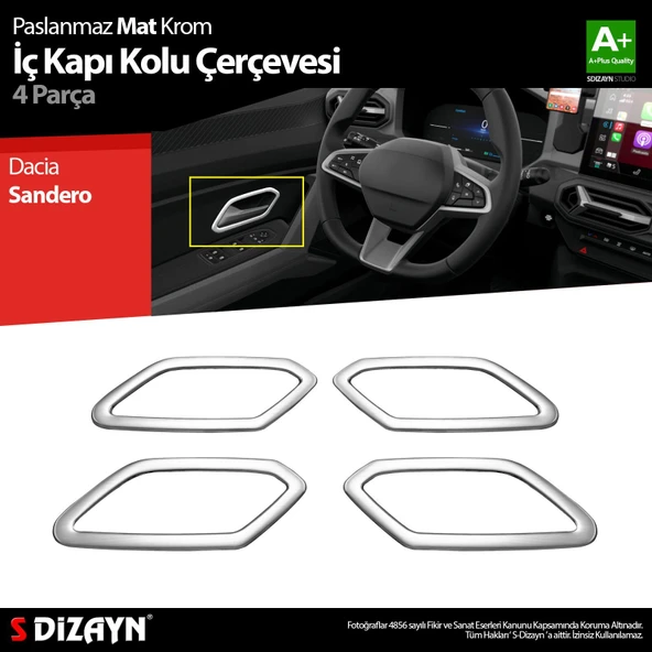 S-Dizayn Dacia Sandero Krom İç Kapı Kolu Çerçevesi 4 Prç 2020 Üzeri A+ Kalite (Mat Krom) ürün görseli 1