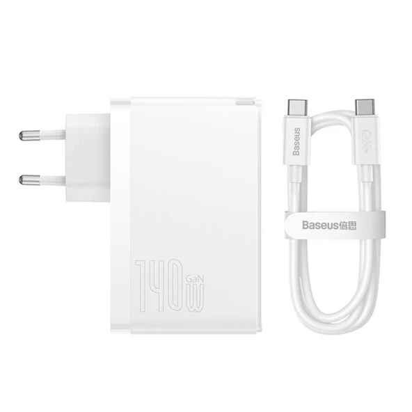 Baseus GaN5 Pro 140W Fast Charger 2 Type-C+1 USB PD Ultra Hızlı Şarj Aleti+Baseus Şarj Kablosu (Beyaz) - 2