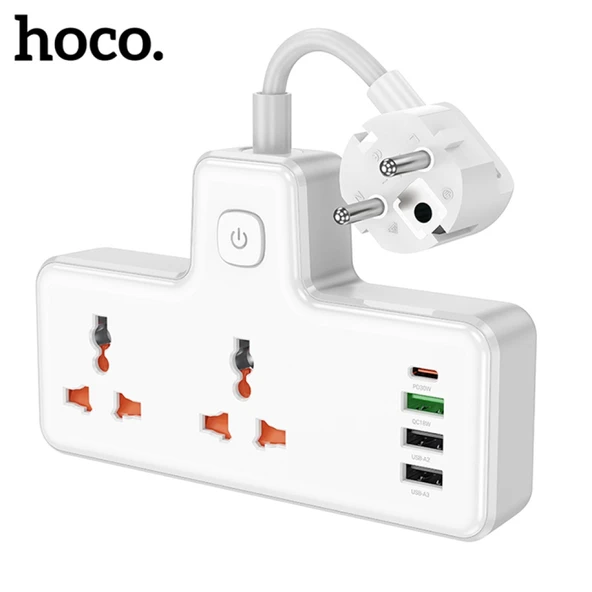 HOCO AC12A 2500W 2 Priz + 3 USB + 30W Type-C Multifonksiyonel Priz Çoğaltıcı Şarj Aleti (Beyaz) - 5