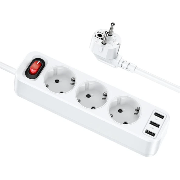 HOCO NS2 3 lü Priz 3 USB 4000W 1.8 Metre Şarj Uzatma Kablosu Akım Korumalı (Beyaz) - 2