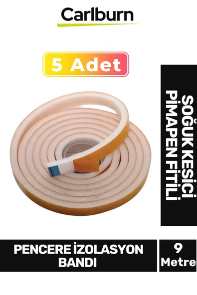 5 Adet 9 Metre İzolasyon Bandı Yapışkanlı Cam Yalıtım Süngeri Rüzgar Soğuk Kesici Pimapen Fitili