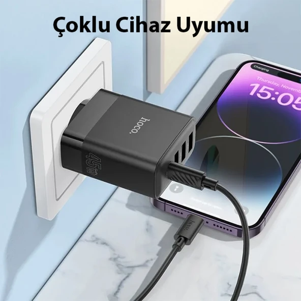 HOCO C127A PD45W(1C3A) Hızlı Şarj Aleti + Type-C to iPhone Lightning Kablo Seti (Siyah) - 4