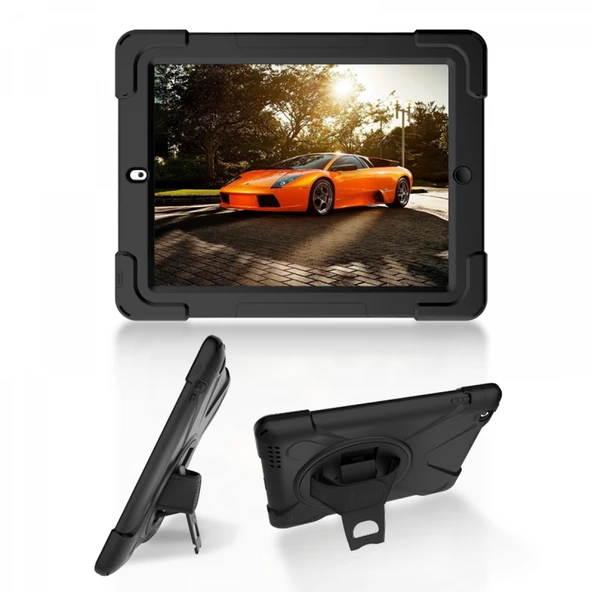 iPad 1-2-3-4 Uyumlu Defender Standlı Zırhlı Silikon Tablet Kılıfı (Siyah) - Resim 4