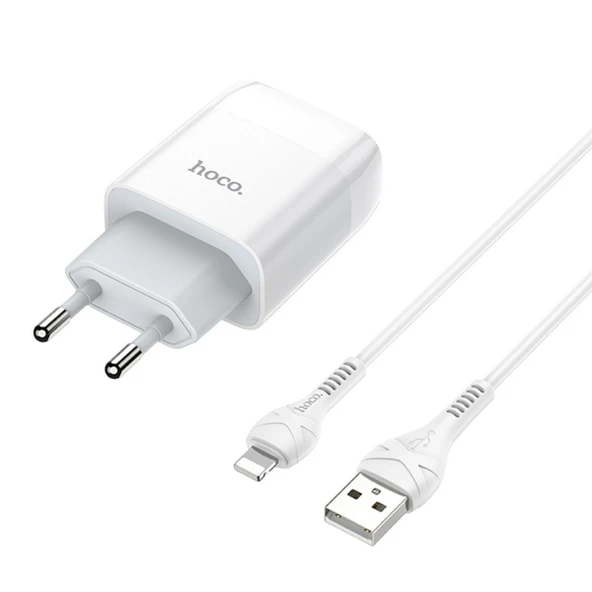 Hoco C73A Çift USB Girişli Hızlı Şarj Adaptörü ve Hızlı İPhone Şarj Kablosu 1M (Beyaz)