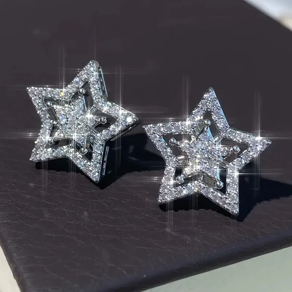 Yıldız Çivi Küpeler Işıltı Kübik Zirkonya Beyaz Altın Kaplama Partiler ve Sevgililer Günü Hediyeleri - Resim 3