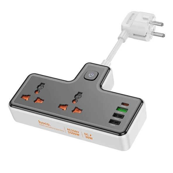 HOCO AC12A 2500W 2 Priz + 3 USB + 30W Type-C Multifonksiyonel Priz Çoğaltıcı Şarj Aleti (Siyah) - 2