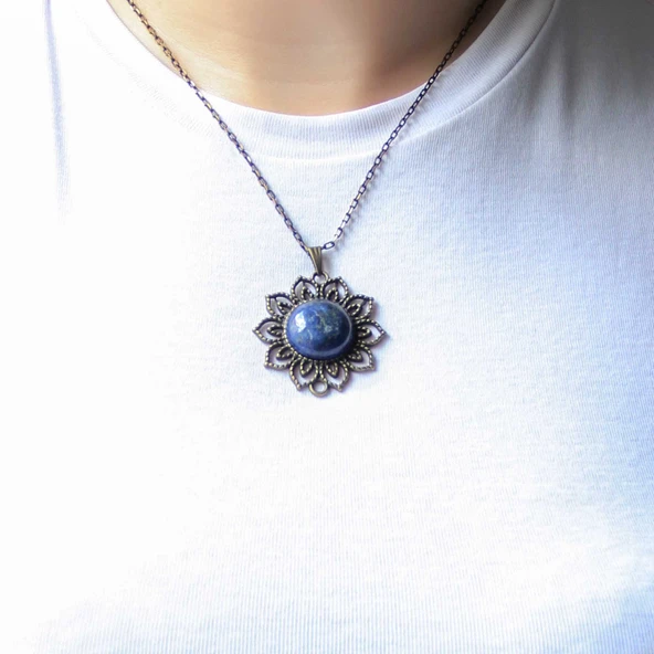Doğal Taş Lapis Doğal Taşlı Otantik Kadın Kolye 45 Cm Zincirli euk19lps2 - 3