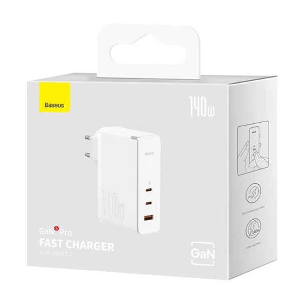 Baseus GaN5 Pro 140W Fast Charger 2 Type-C+1 USB PD Ultra Hızlı Şarj Aleti+Baseus Şarj Kablosu (Beyaz) - 4