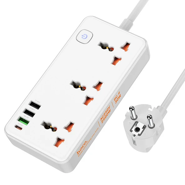 HOCO AC8A 2500W 3 Priz + 3 USB + 30W Type-C Multifonksiyonel Priz Çoğaltıcı Şarj Aleti (Beyaz) - 2