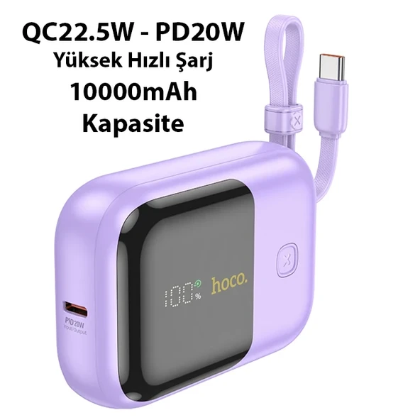 HOCO Q20 Fountain 10000mAh 22.5W+PD20W Dijital Göstergeli Kablolu Powerbank (Mor) - 2