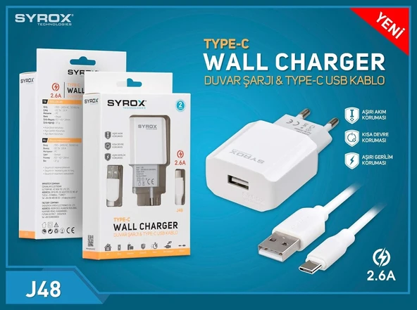 SYROX J48 2.6A Type C Sarj Aleti, Standart - 2