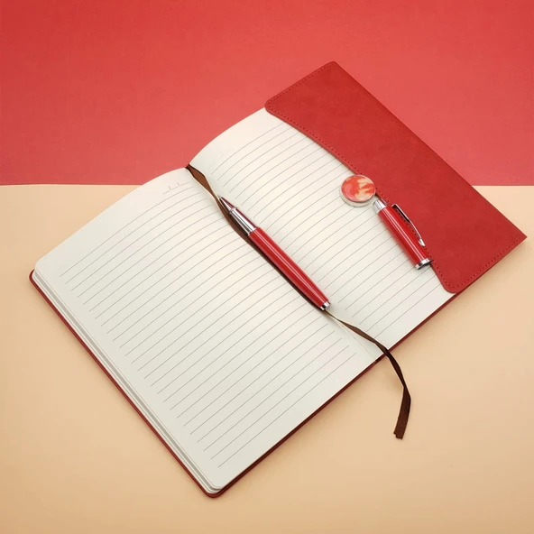 Çizgili Defter Ve Metal Kalem Seti Kırmızı - 2