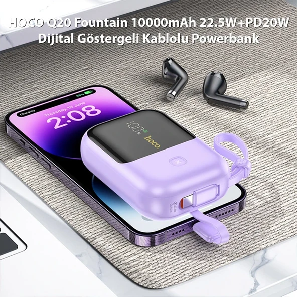 HOCO Q20 Fountain 10000mAh 22.5W+PD20W Dijital Göstergeli Kablolu Powerbank (Mor) - 3