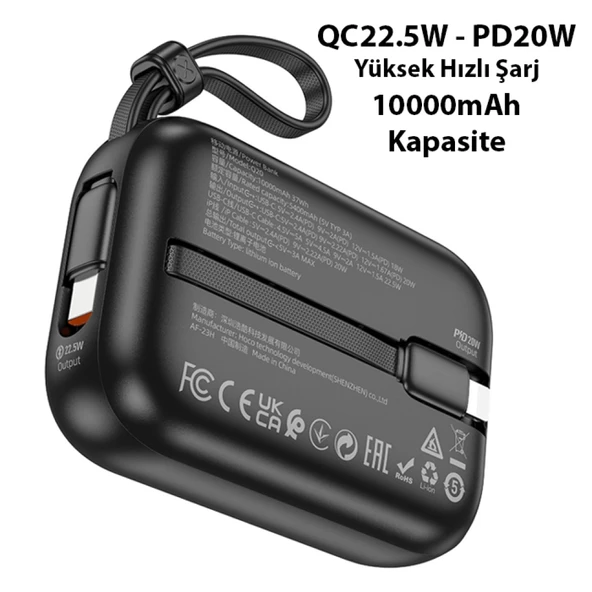 HOCO Q20 Fountain 10000mAh 22.5W+PD20W Dijital Göstergeli Kablolu Powerbank (Siyah) - 4