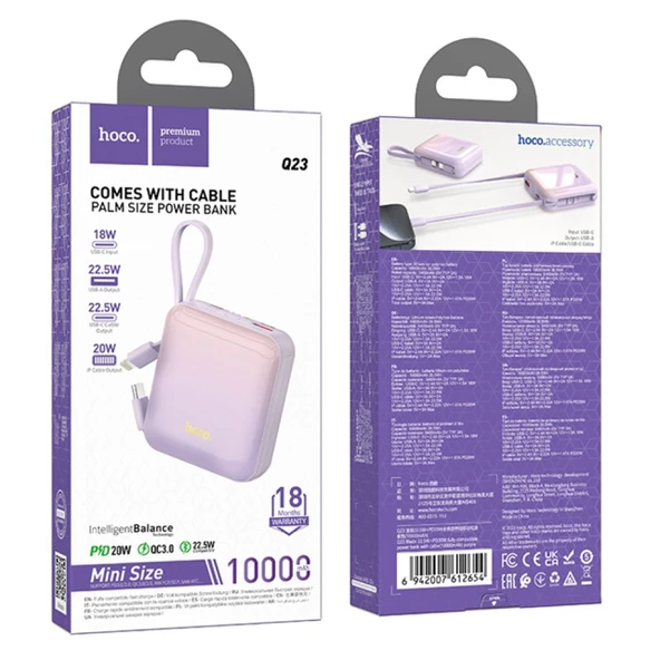 HOCO Q23 Blade 10000mAh 22.5W+PD20W Kablolu Powerbank (Mor) - 5