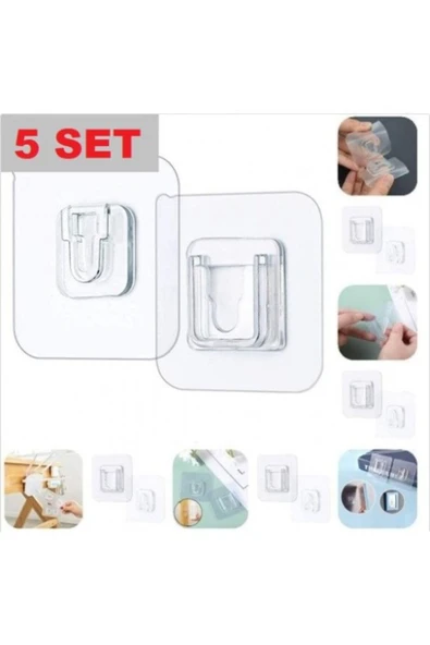 5 Çift Şeffaf Geçmeli Klips Duvar Delmeden Eşya Sabitleme Askısı Seti - Suya Dayanıklı Yapışkanlı - 4
