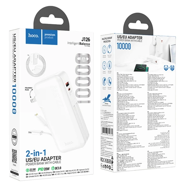 Hoco J126 USB-A+Type-C Çıkışlı Type-c+Lightning Kablolu 10000mAh Powerbank Şarj Aleti (Beyaz) - 4
