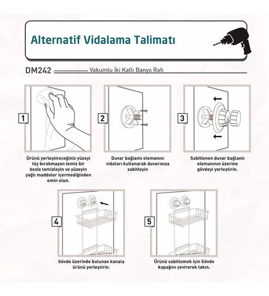 Geseus Va kumlu İki Katlı Banyo Rafı Şampuanlık Delme Vida Matkap Yok! Mat Siyah-DM242 - 5