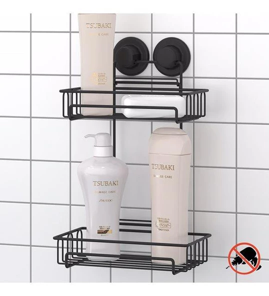 Geseus Va kumlu İki Katlı Banyo Rafı Şampuanlık Delme Vida Matkap Yok! Mat Siyah-DM242 - 2