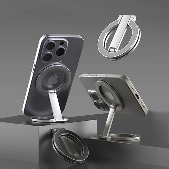 Çok Fonksiyonlu 360 Dönebilen Manyetik Katlanır Telefon Tutucu (Gri) - 3