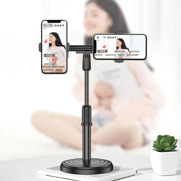 Masaüstü Sosyal Medya Youtube Tiktok Canlı Yayın Çift Telefon Tutucu Stand (Siyah) - 4