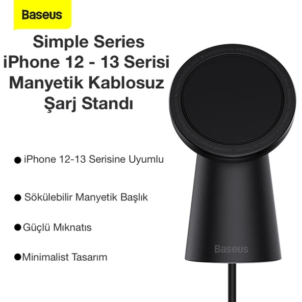 Baseus Simple iPhone 15-14 -13-12 Serisi Manyetik Kablosuz Şarj Standı (Siyah) - 3