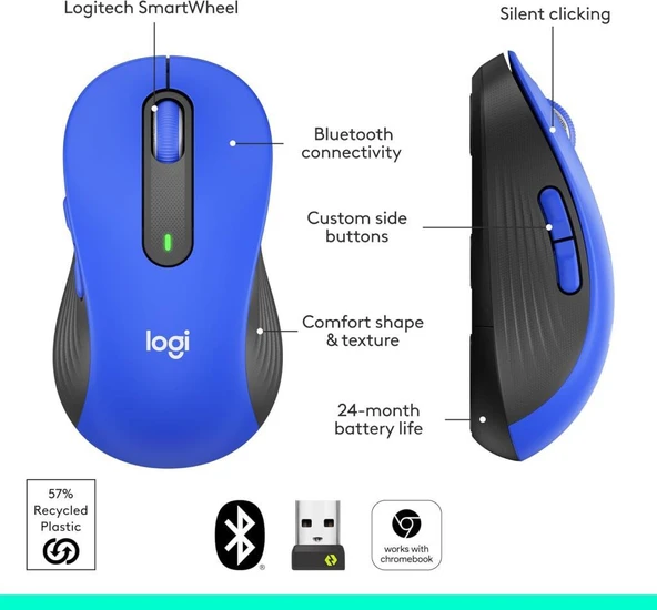 Logitech Signature M650 L Büyük Boy Sağ El Kablosuz Mouse Mavi - 4