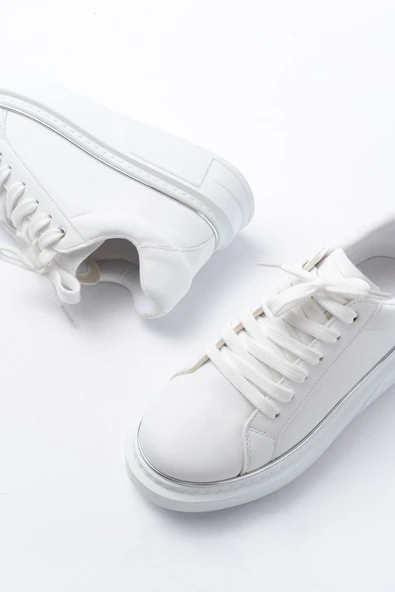 Beyaz Gümüş Bağcıklı Dikişli Günlük Spor Ayakkabı - 4