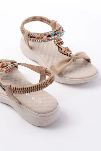 Bej Taşlı Arka Lastikli Günlük Kadın Sandalet - 5