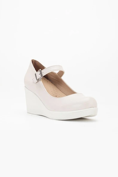 Baretli Suni Deri Bej Rugan Kadın Dolgu Taban Ayakkabı - Resim 4