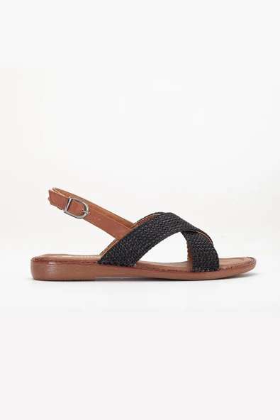 Kadın Düz Topuklu Sandalet Siyah Hasır Çapraz Bantlı - Resim 3