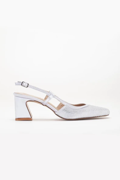 Kadın Kısa Topuklu Abiye Ayakkabı Gümüş Taş Döşeme Yuvarlak Burun - Resim 3