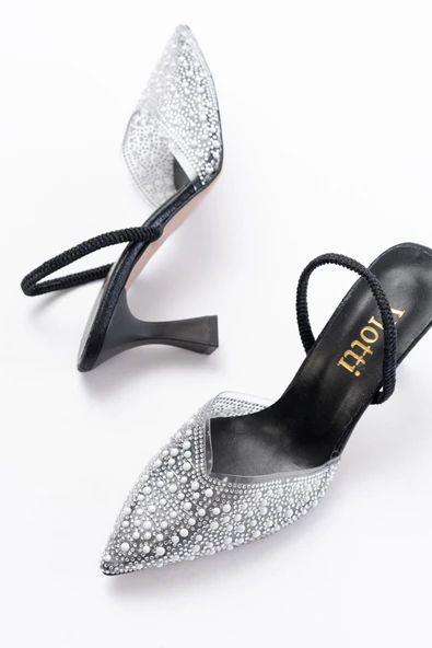 Siyah Günlük Arkası Açık Taşlı Topuklu Bayan Ayakkabı - Resim 4