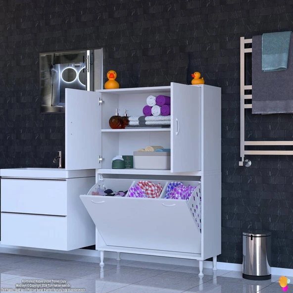 Modilayn İLKİM 95 x 138 x 32,5 cm' lik Kapak İçi Çift Raflı, Üç Akıllı Çamaşır Sepetli Dolap - 2