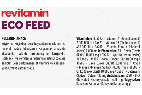 Hs Tarım Revitamin Eco Feed Büyük ve Küçükbaş Vitamin Mineral Premiksi 10 KG Kova - 5