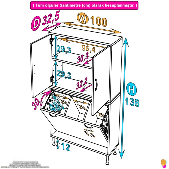 Modilayn İLKİM 100 x 138 x 32,5 cm' lik Kapak İçi Çift Raflı, Üç Akıllı Çamaşır Sepetli Dolap - Resim 4