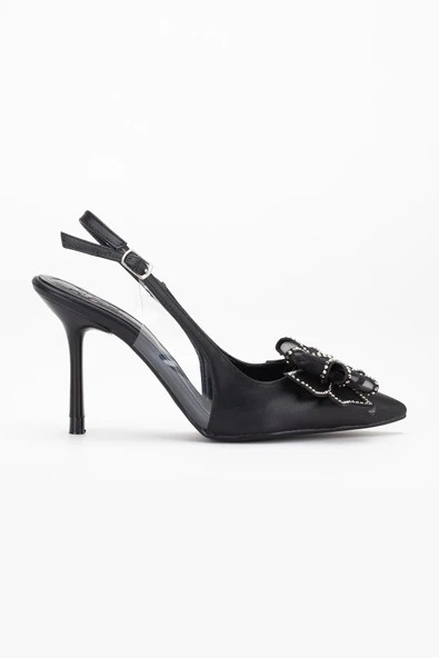 Kadın Abiye Topuklu Ayakkabı Siyah Yan şeffaf Taşlı Fiyonklu - Resim 3