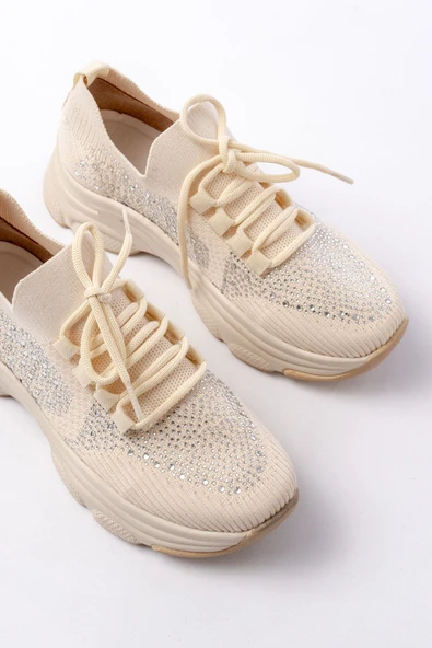 Bej Bağcıklı Fileli Taş Aksesuarlı Günlük Spor Ayakkabı - 4