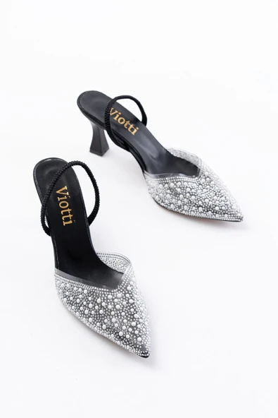 Siyah Günlük Arkası Açık Taşlı Topuklu Bayan Ayakkabı - Resim 3