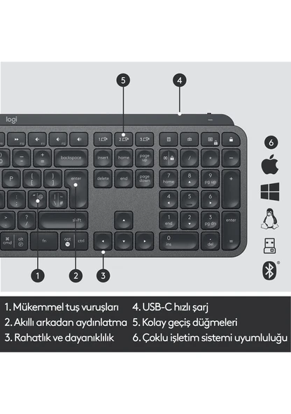 Logitech Mx Keys 920-009558 İngilizce Mac Aydınlatmalı Klavye Siyah - 7